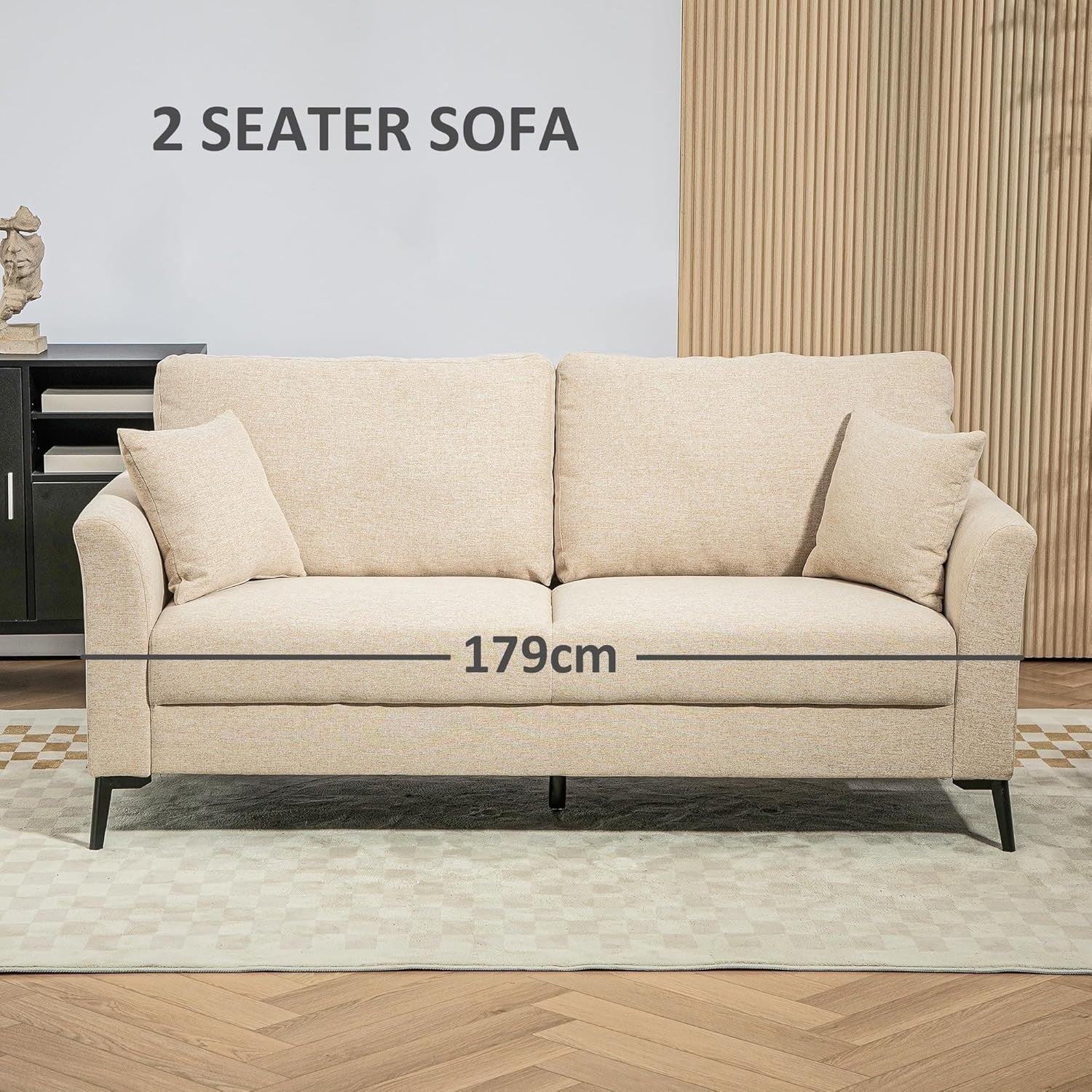 Modern 3 Seater Sofa Bed Beige Linen Storage Metal Legs Compact Lounge