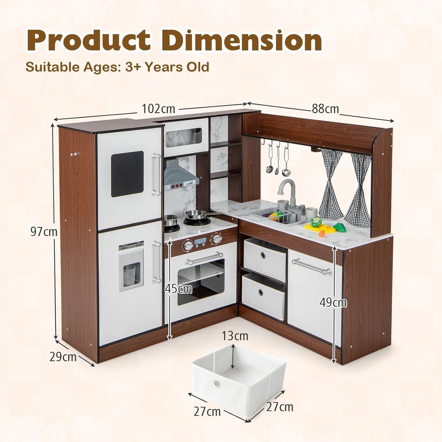 Kids Corner Play Kitchen Lights Sounds Ice Maker Water Sink Brown