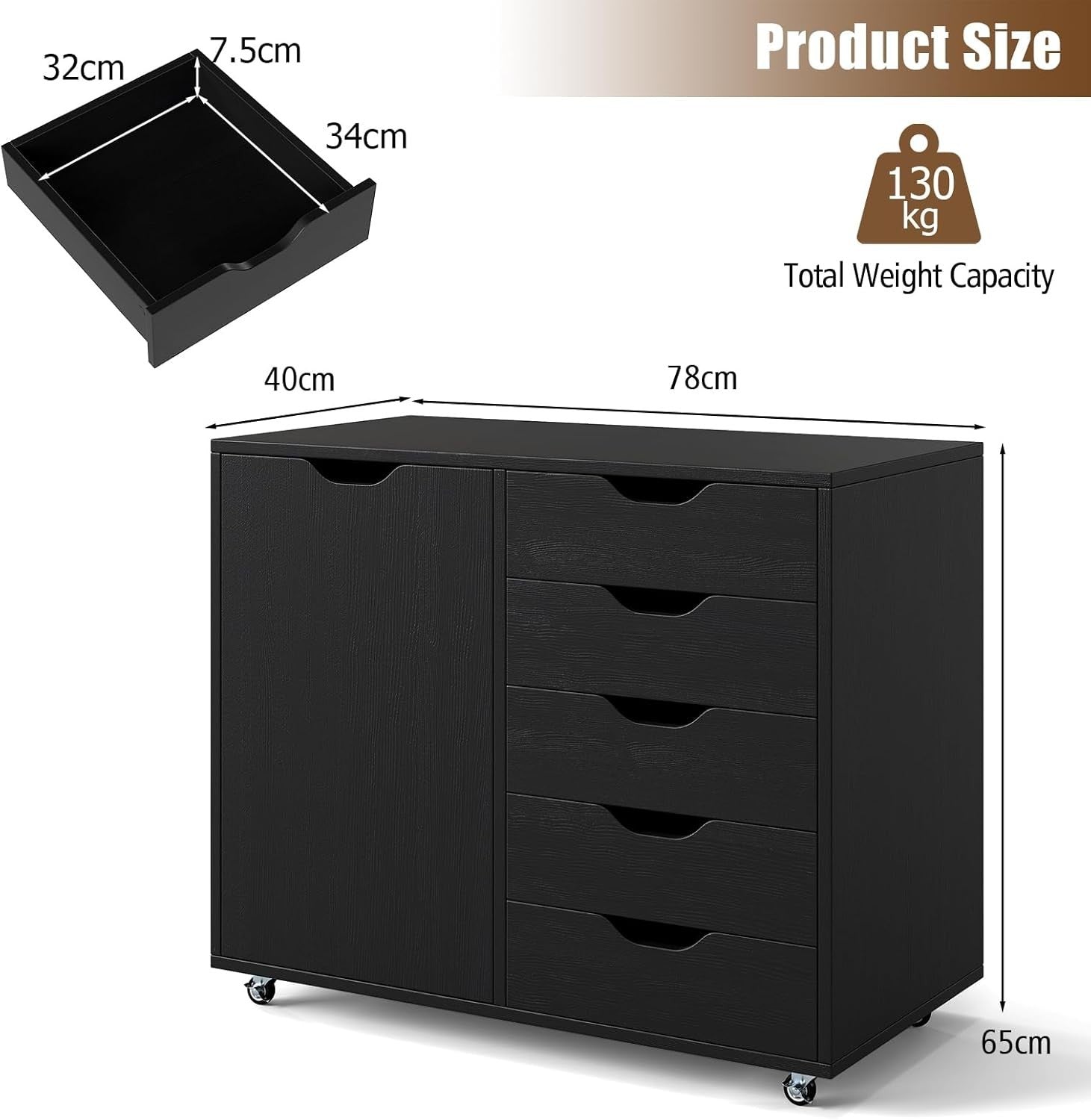 Black Mobile 5 Drawer File Cabinet with Side Cupboard Rolling Office