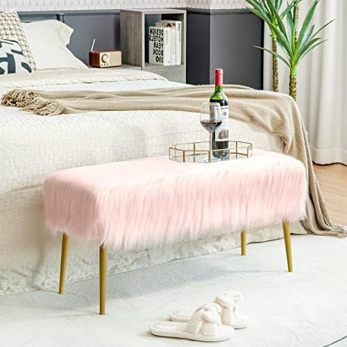 Faux Fur Ottoman Bench with Gold Legs, Plush Vanity Seat Stool Pink