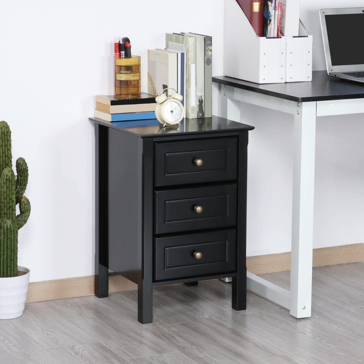 Black Bedside Tables Set of 2 | 3 Drawer Nightstands | Solid Wood Legs