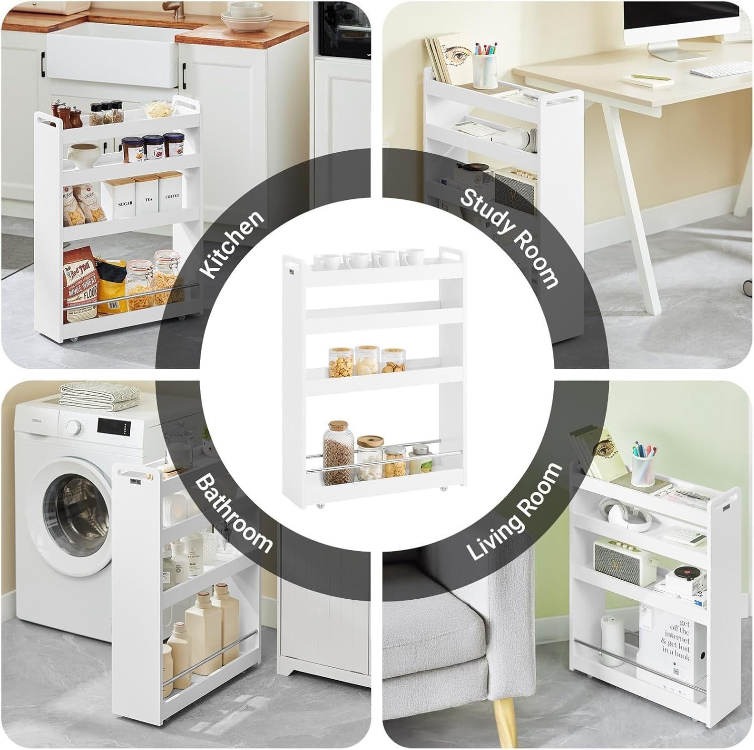 Slim Kitchen Storage Trolley 4 Tier Narrow Rolling Cart Bathroom Wheels