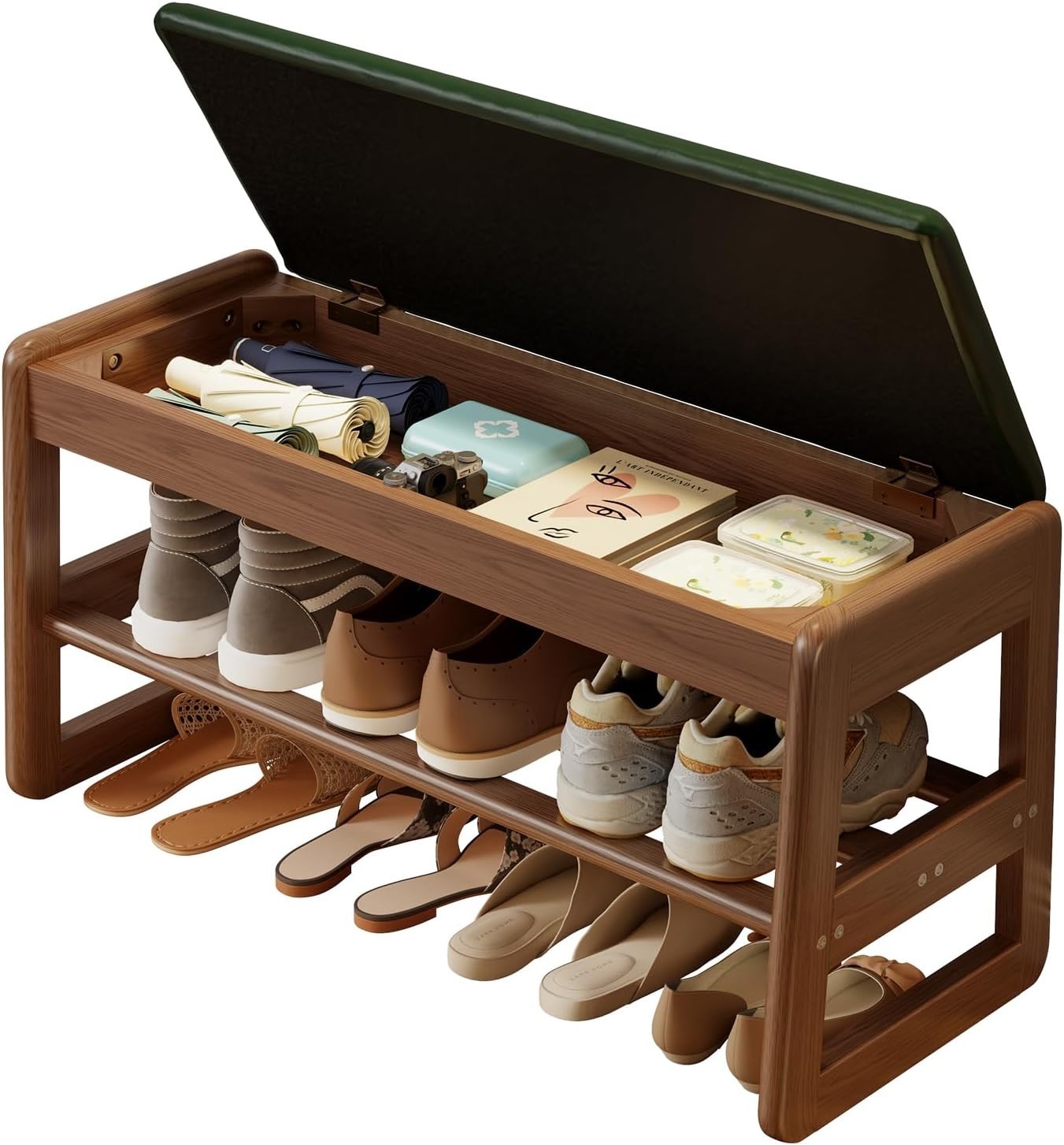 Small Flip-Top Shoe Bench with Green Cushion | 2-Tier Walnut Shoe Rack Entryway