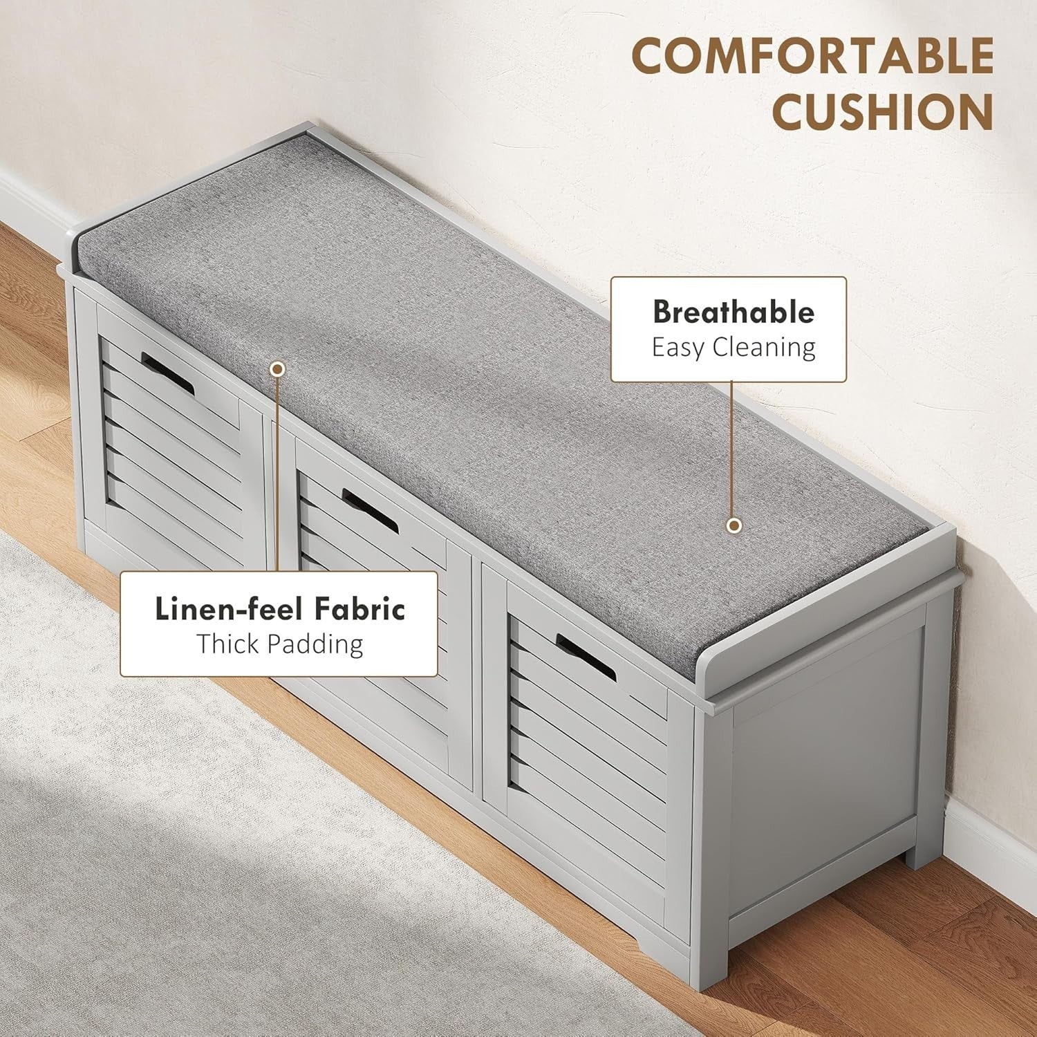 Space-Saving Shoe Storage Bench with 3 Drawers & Cushioned Seat – Grey