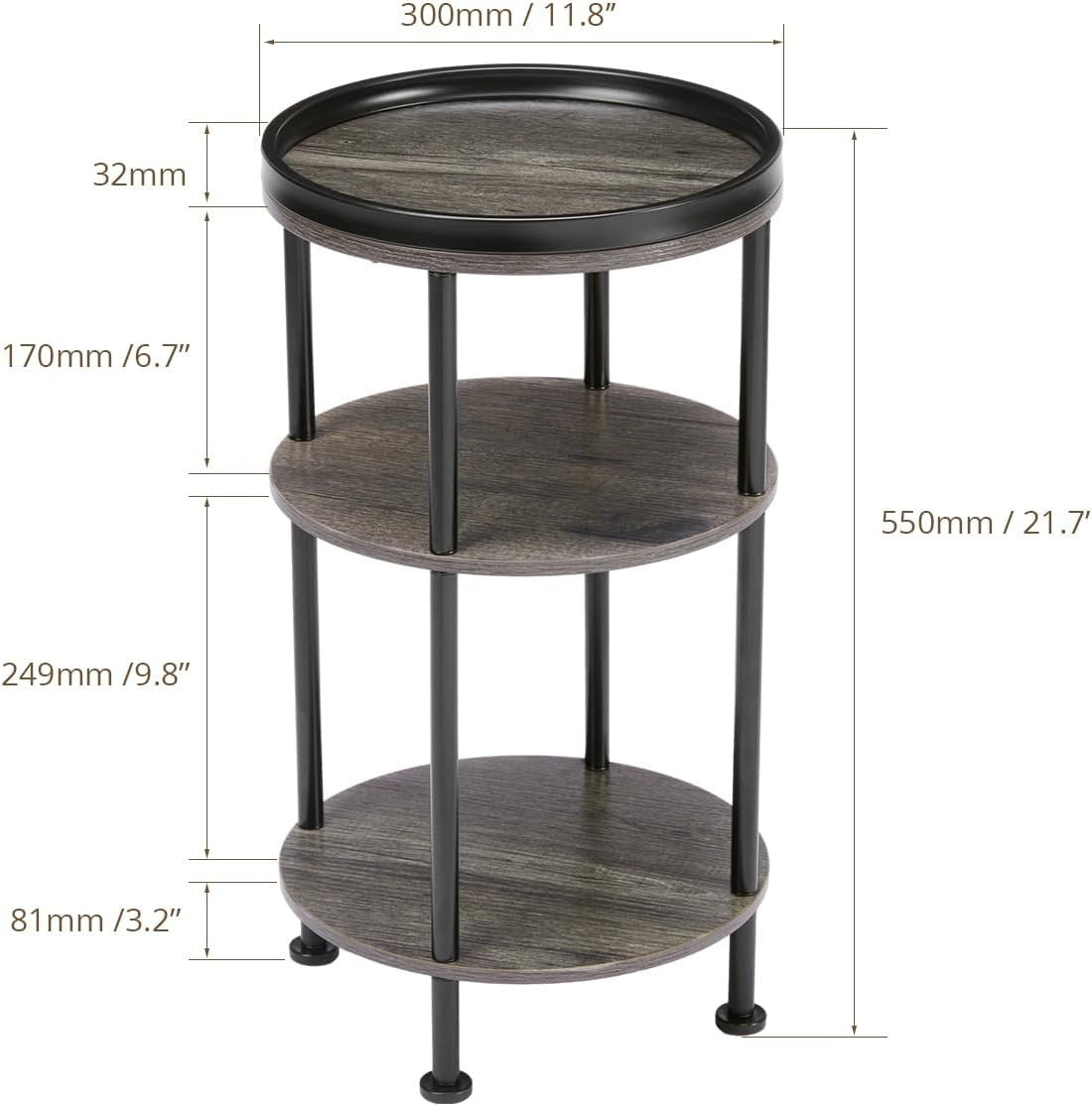 3 Tier Round Side Table with Storage Shelf Metal Frame Small Space Grey 30x55