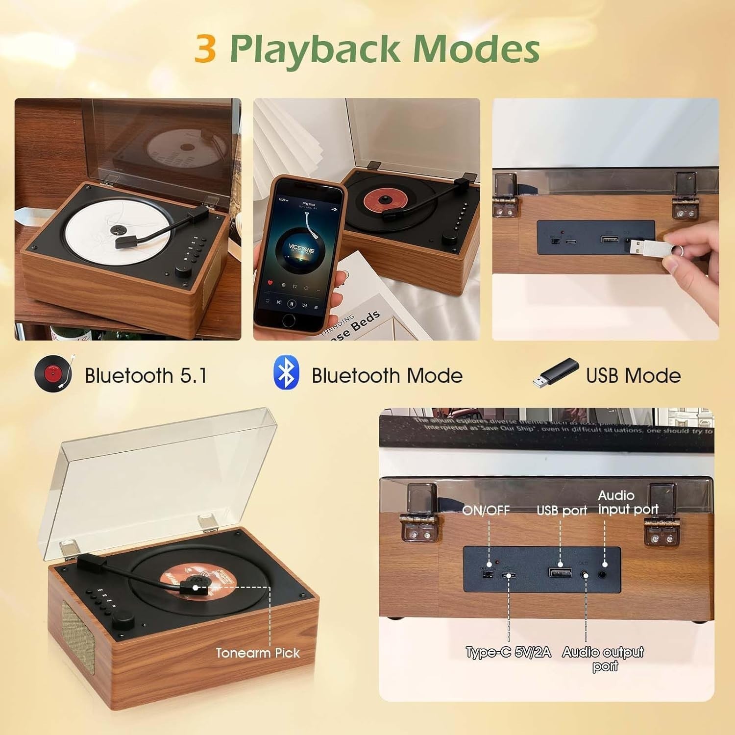 Retro Bluetooth CD Player Desktop Speaker USB Remote Wood Style Brown
