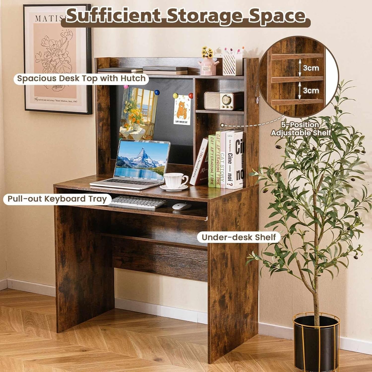 Rustic Brown Computer Desk with Hutch & Keyboard Tray Home Office Table
