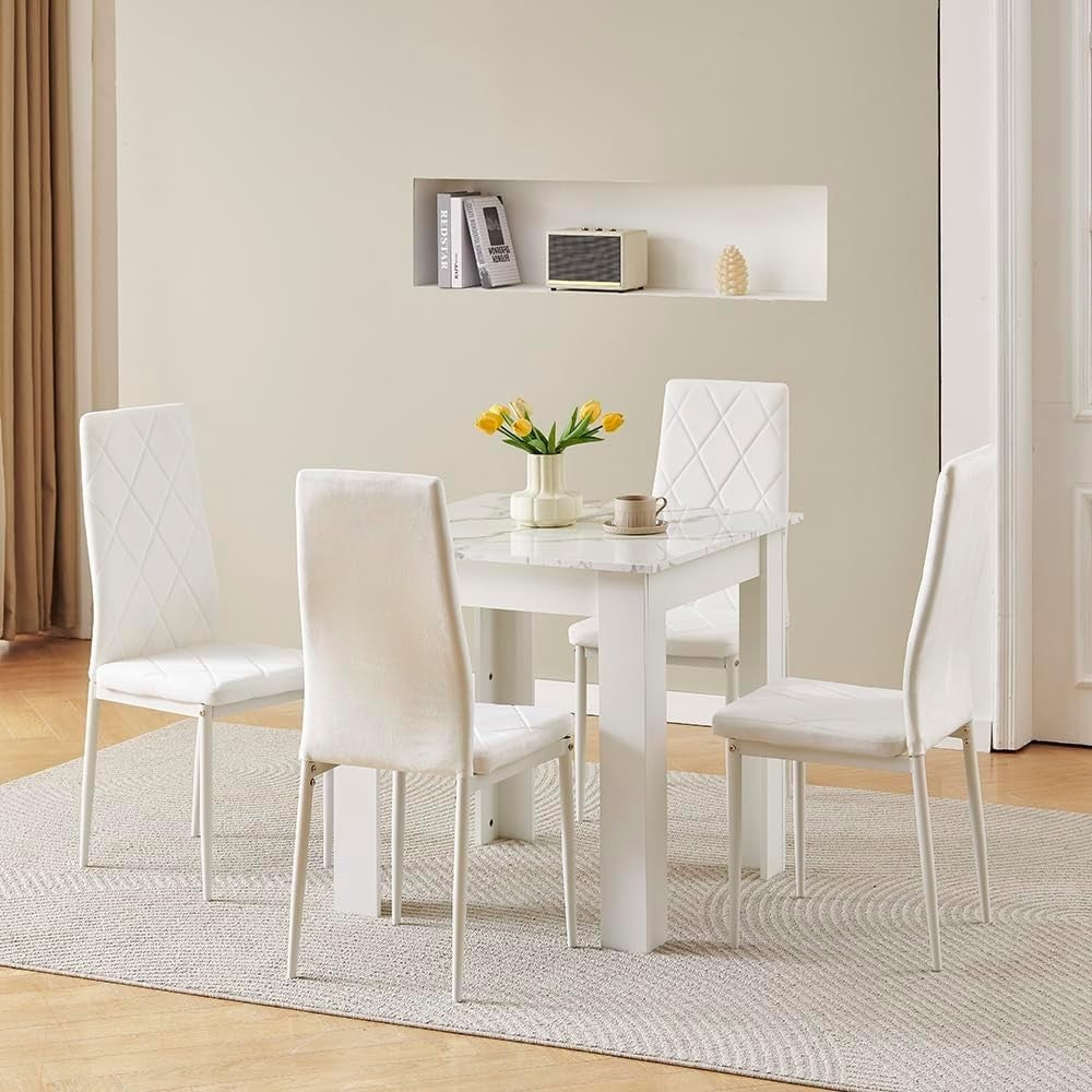 4 Piece Marble Dining Table Set with 4 Velvet Chairs for Small Spaces