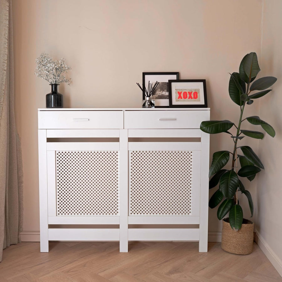 White Radiator Cover with Drawers Diamond Slat W112xH96cm Modern