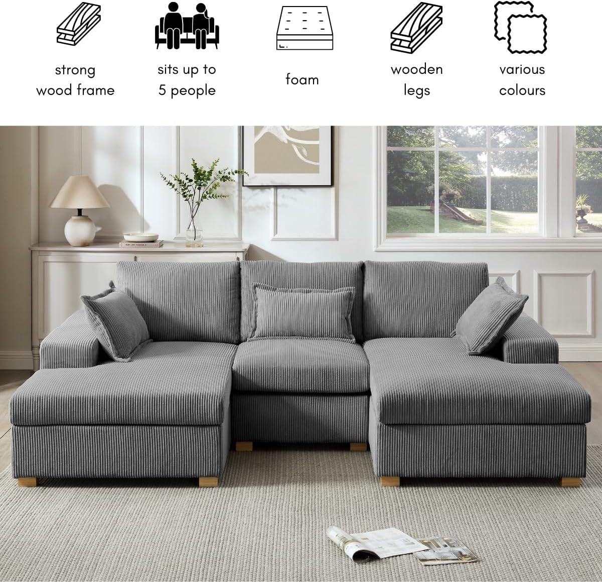 U-Shape Jumbo Cord Sofa Dark Grey 4-Seater | Deep Seat + Optional Footstool