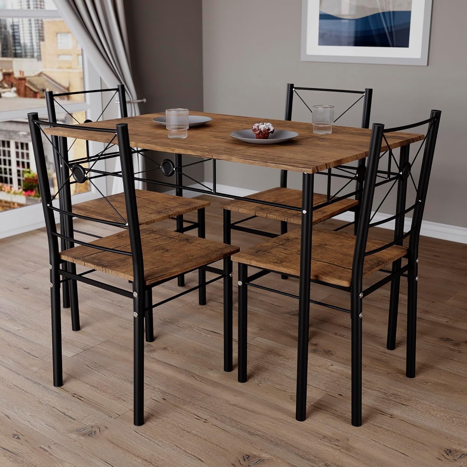 Compact Dark Wood 4-Seater Dining Table Set | Space-Saving Kitchen Furniture