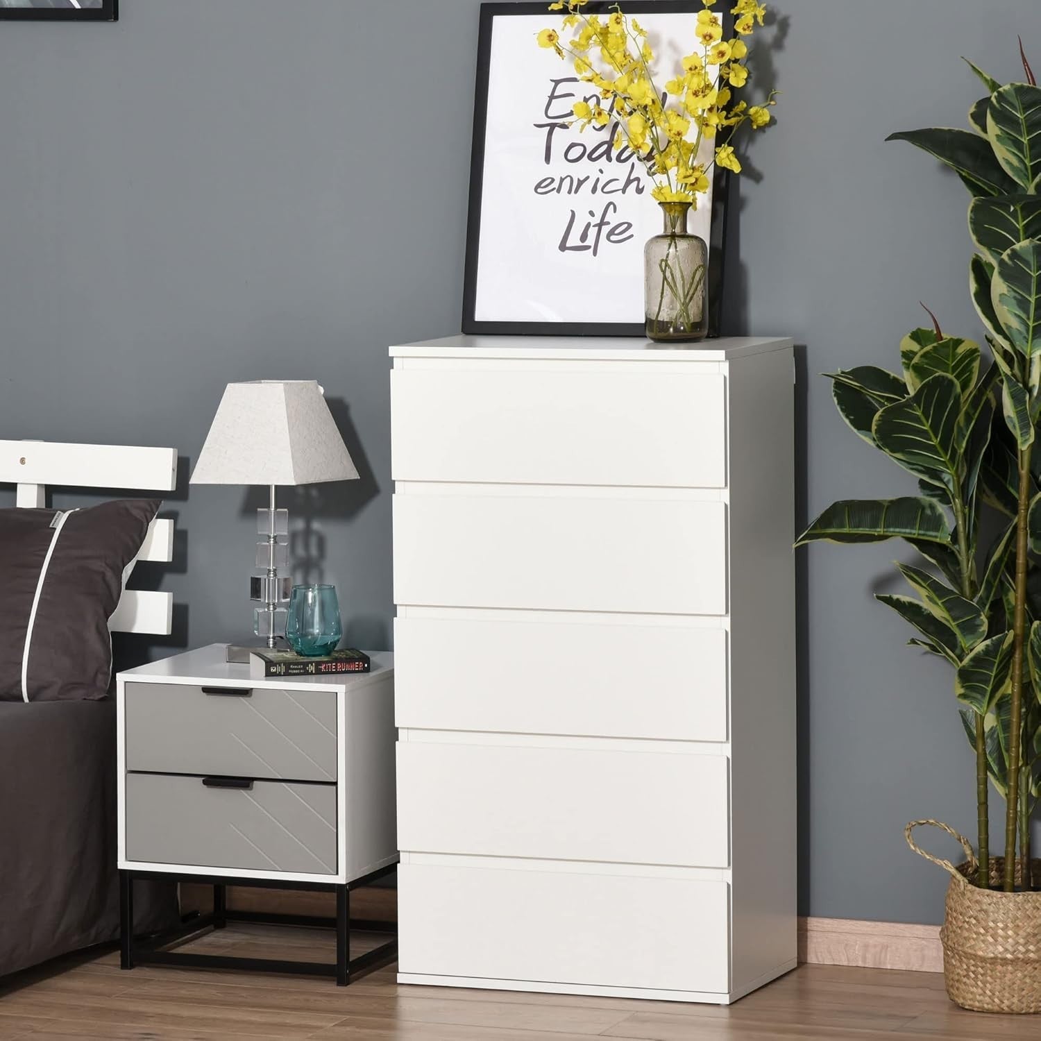 White 5 Drawer Chest Tall Slim Storage Cabinet Bedroom Hallway Unit