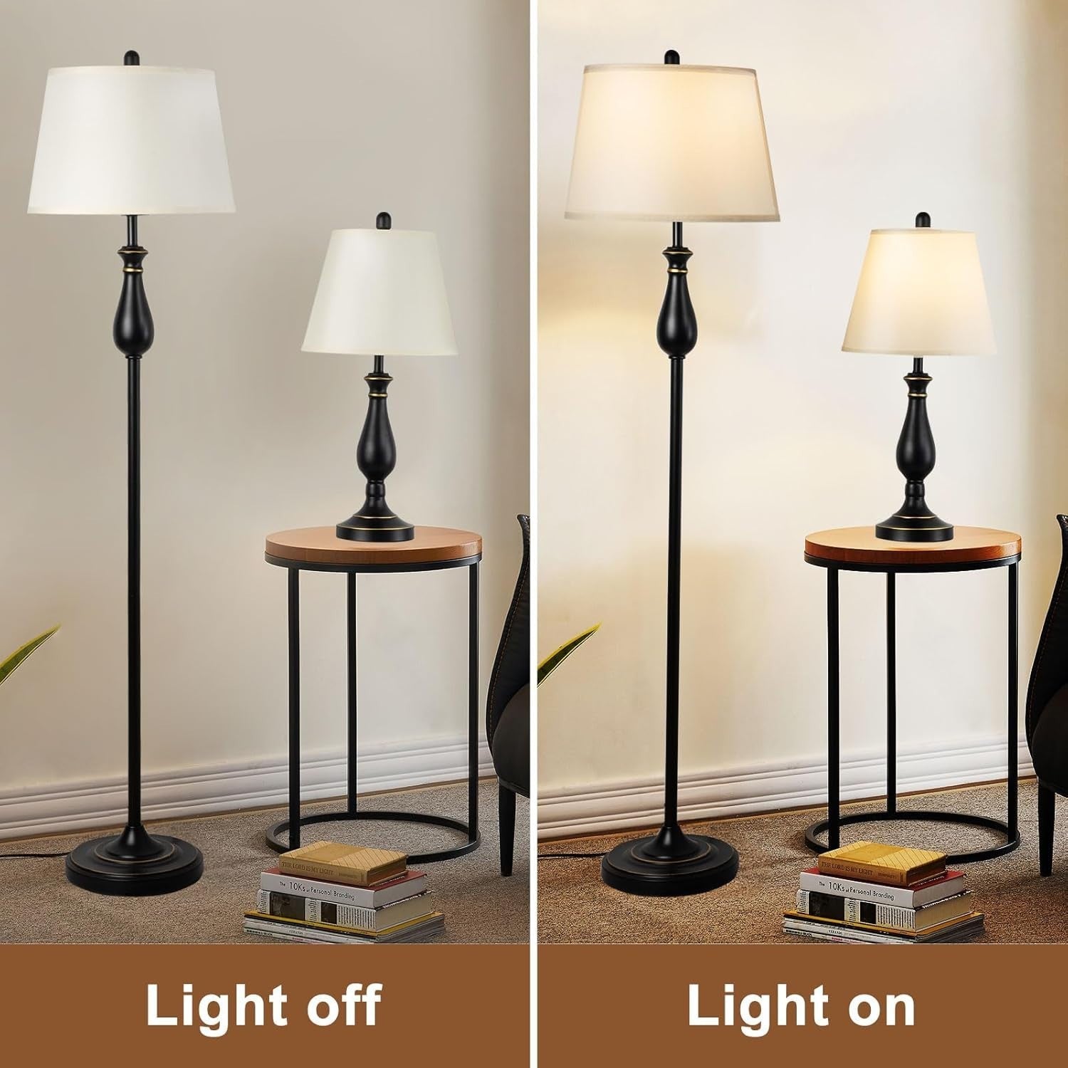 3-Piece Floor & Table Lamp Set with White Linen Shade, E27 Bulbs Included