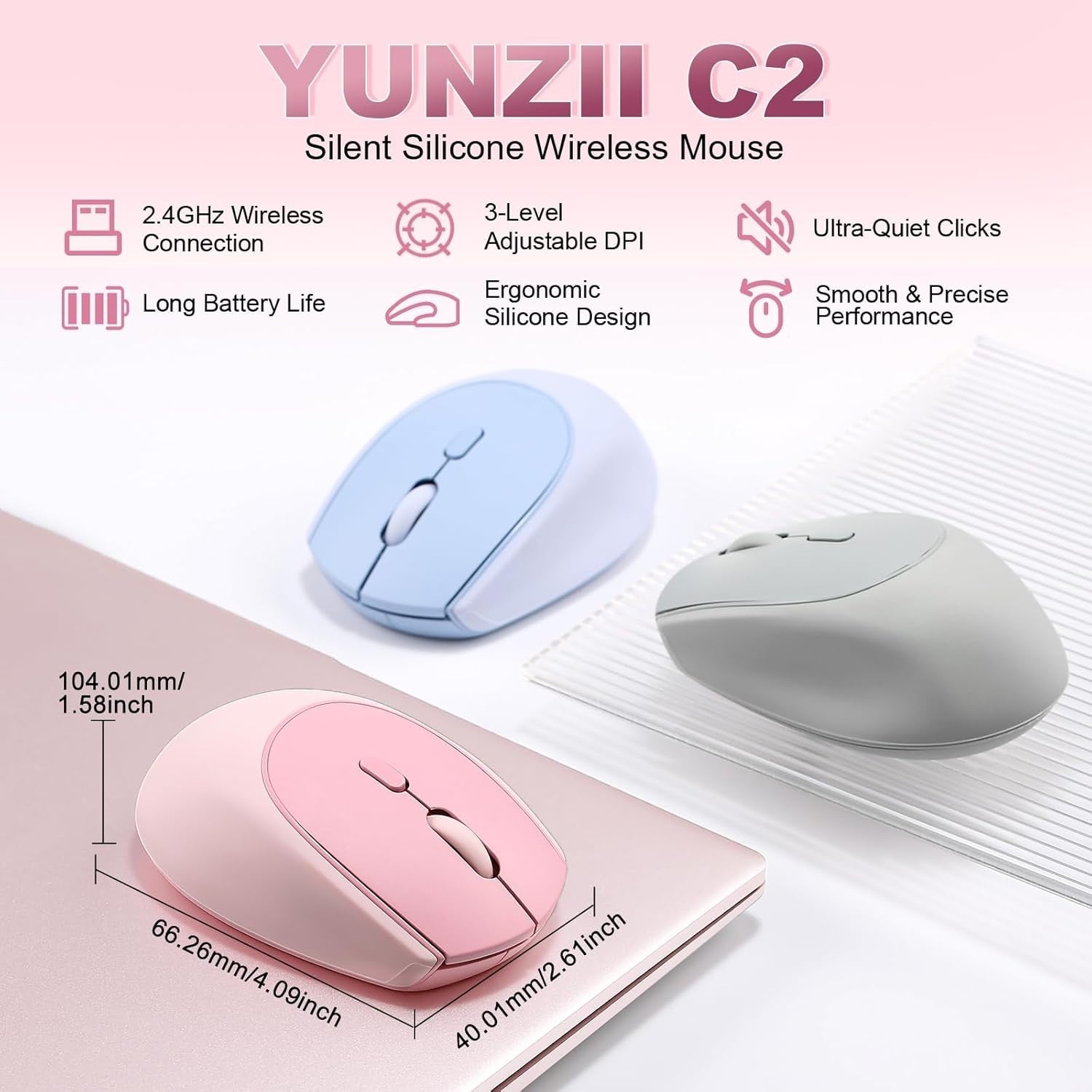 Silent Wireless Mouse 2.4GHz 1600 DPI Portable Cute Pink Laptop PC