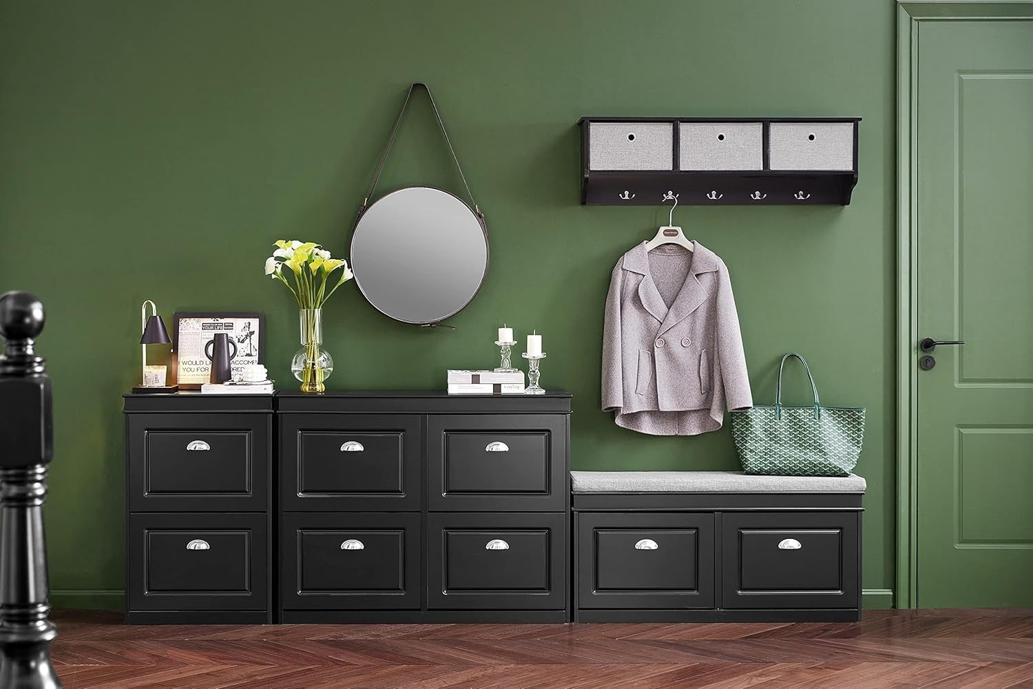 Slim Shoe Cabinet Black with 3 Flip Drawers, Narrow Hallway Storage