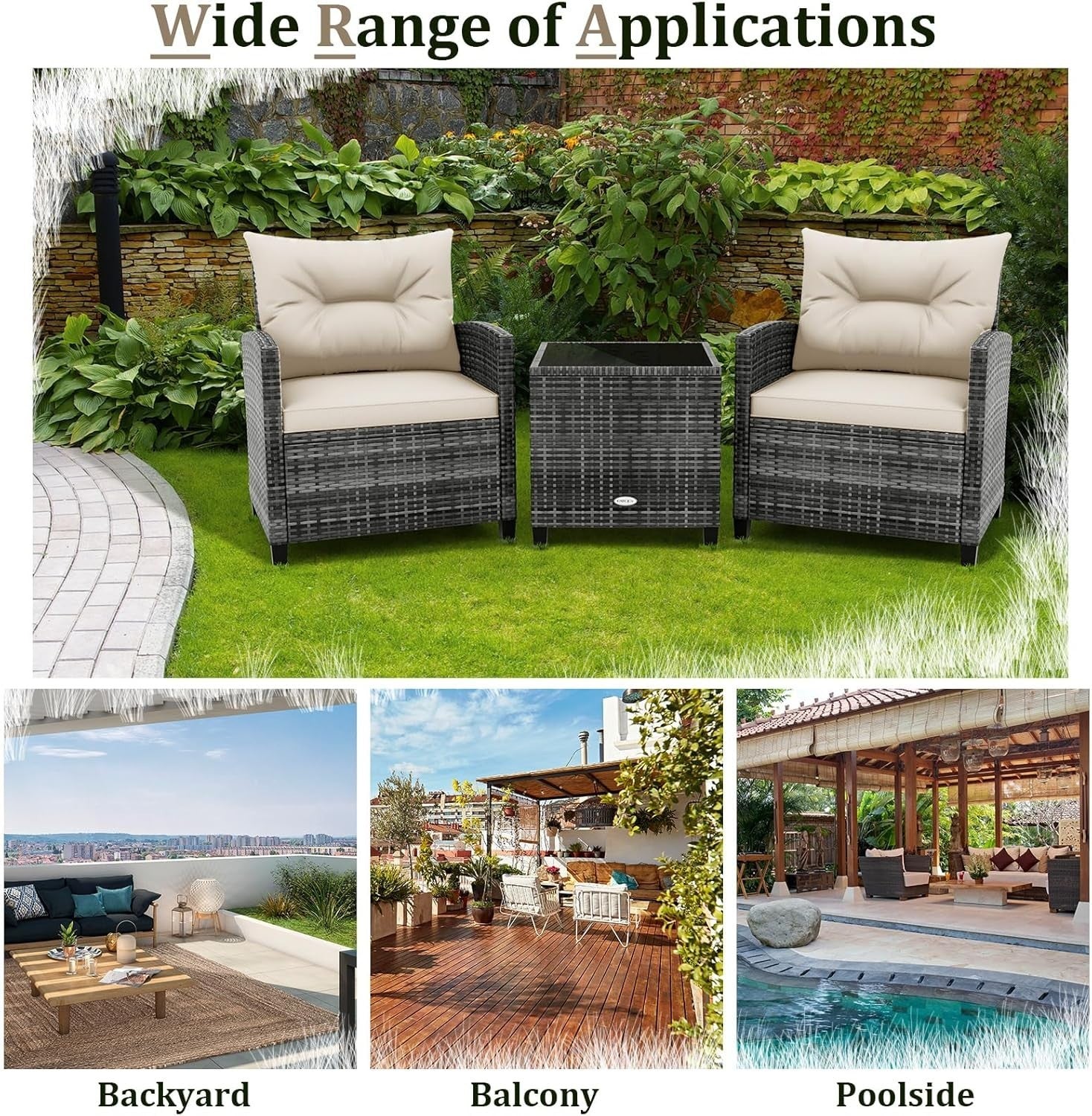 3PC Rattan Garden Bistro Set White Chairs Cushions Table Outdoor Furniture