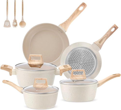 11Pcs Cream Ceramic Non Stick PFOA Free Induction Cookware Set with Lids