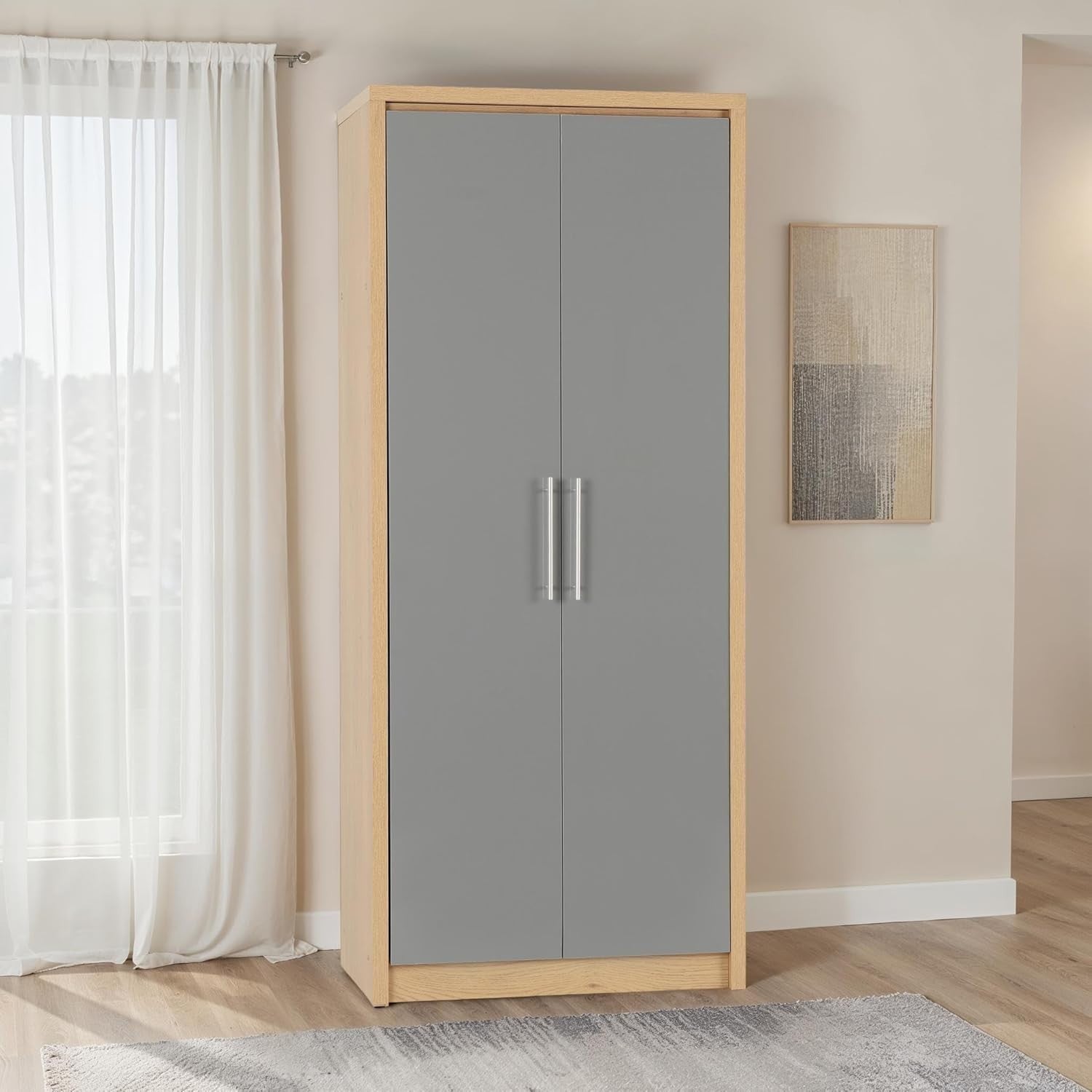 Grey Gloss 2 Door Wardrobe with Light Oak Frame – Compact Bedroom Storage