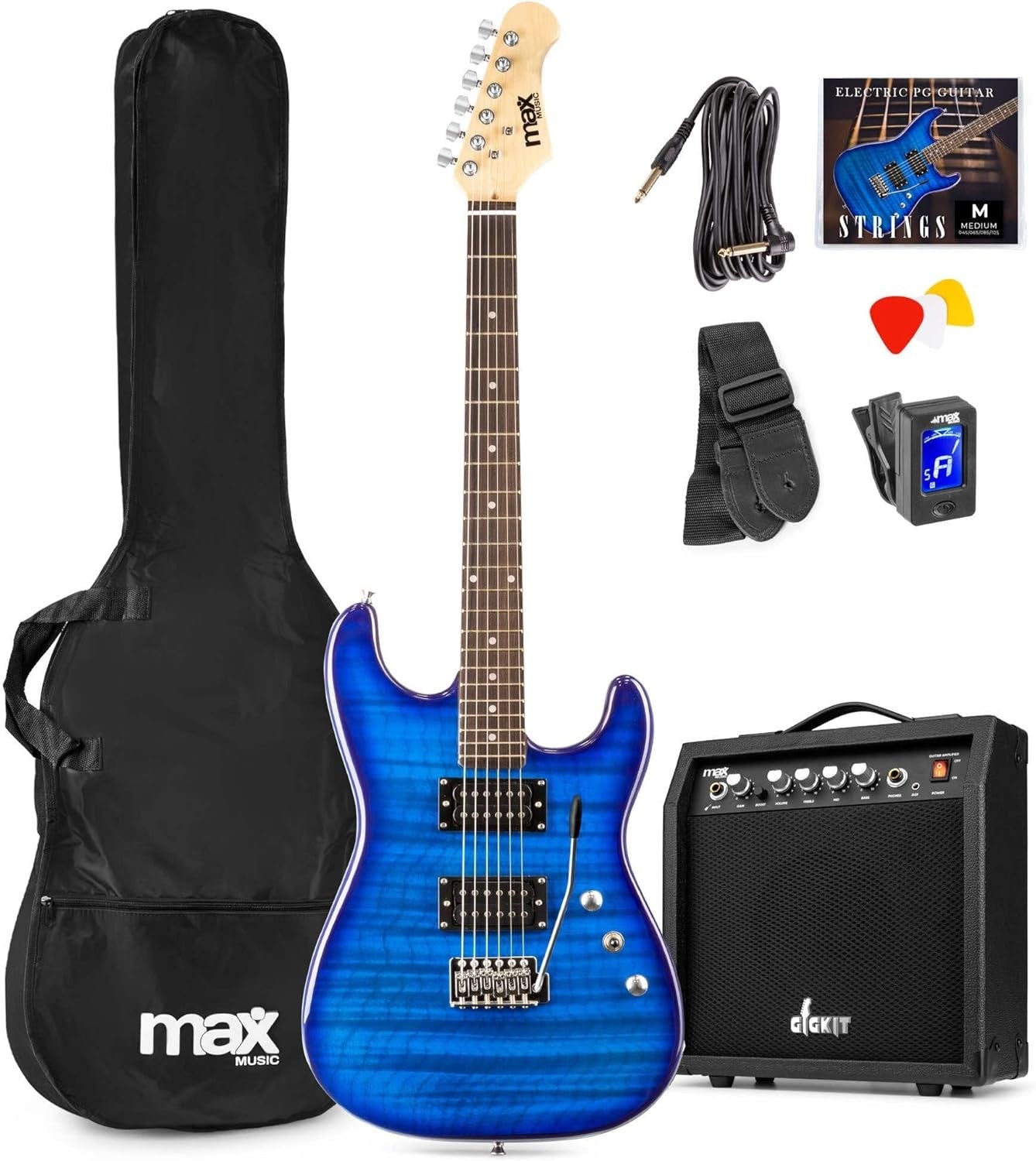 Electric Guitar Starter Kit Full Size Blue HH Amp Tuner Strap Bag