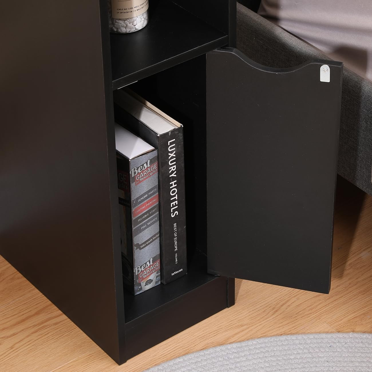 Slim Black Bedside Table with Drawer & Shelf, Modern Narrow Nightstand Storage