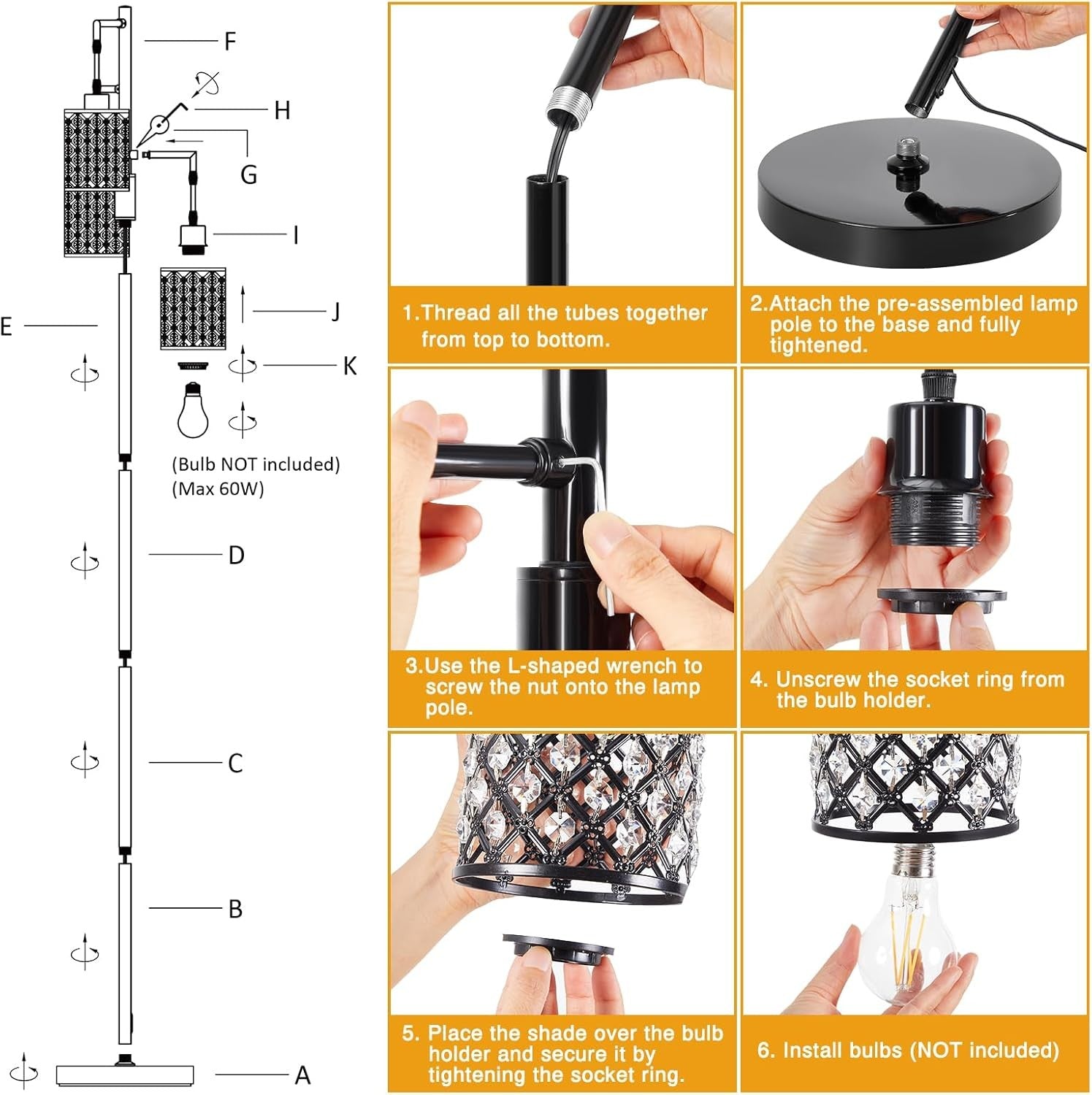Black Crystal Floor Lamp 3 Light Standing Tall Modern Living Room Light