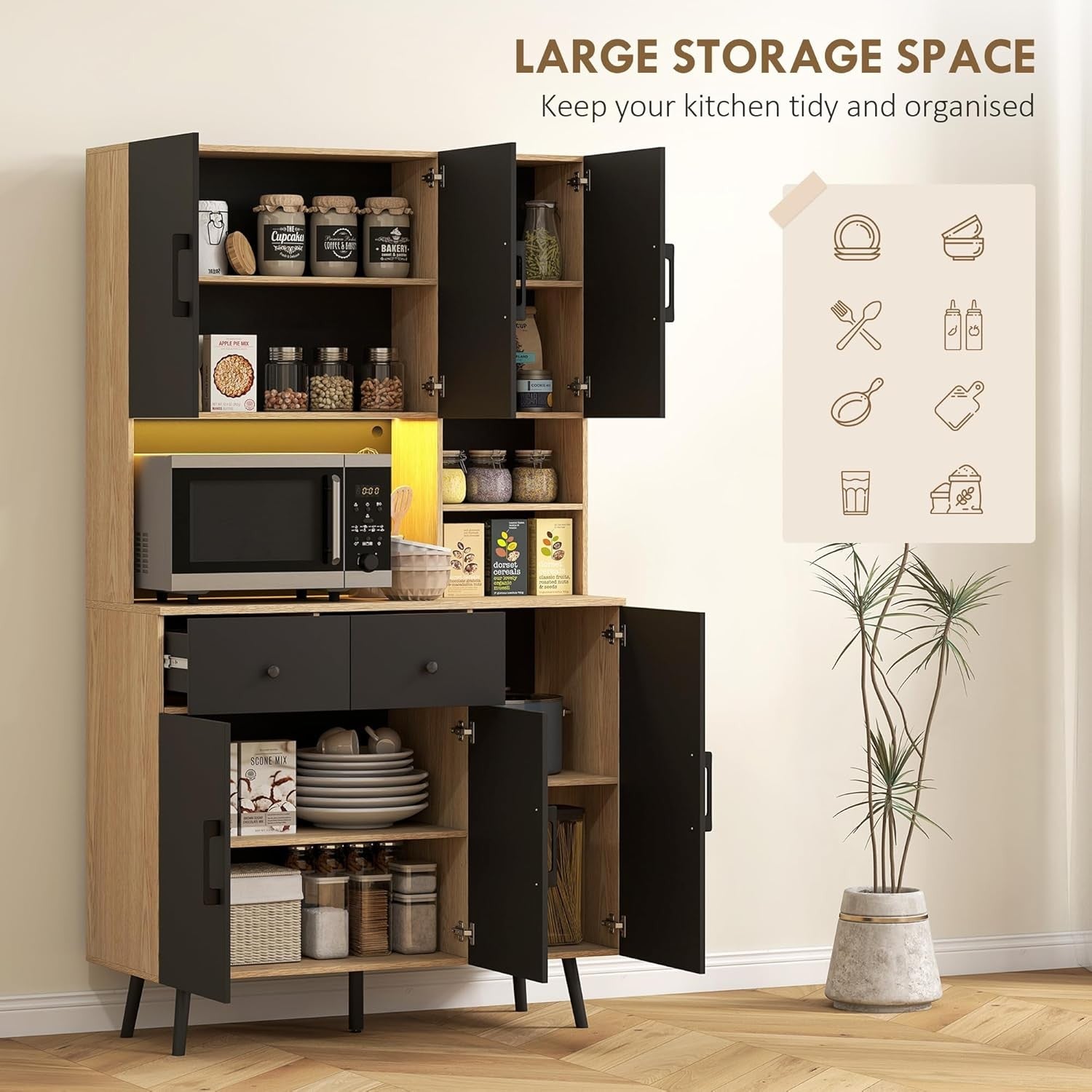 Tall Kitchen Cupboard with LED Lights 6 Door 2 Drawer Storage Cabinet Oak