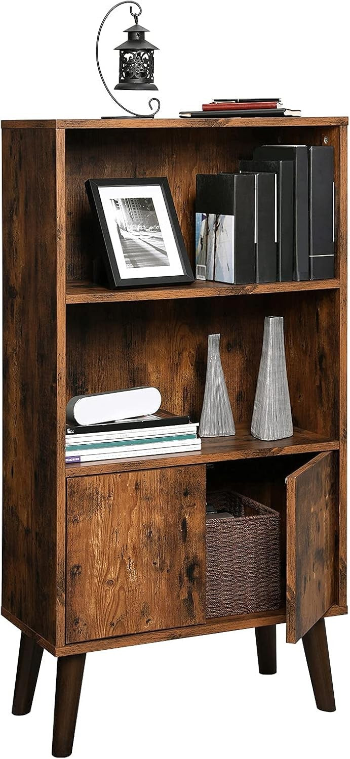 3-Tier Rustic Bookcase with Cabinet – Mid-Century Storage Shelf for Home & Offic