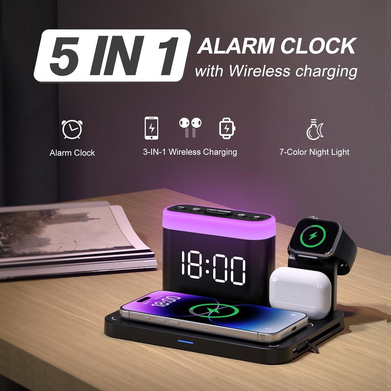 Black 5-in-1 Wireless Charging Station Alarm Clock Night Light Phone Watch