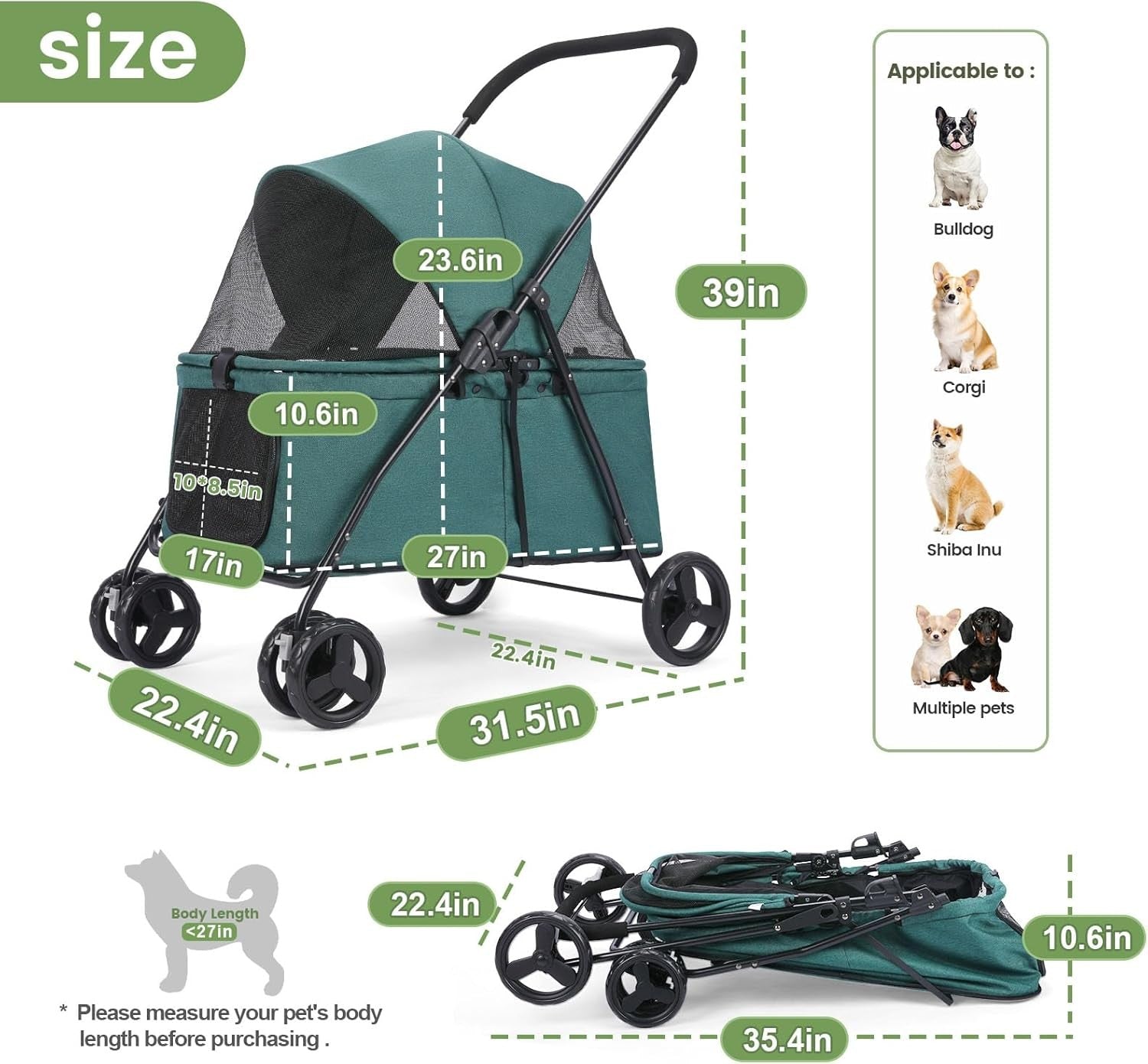 Dark Green Dog Stroller 4 Wheel Heavy Duty Foldable Jogger Pram Small Medium
