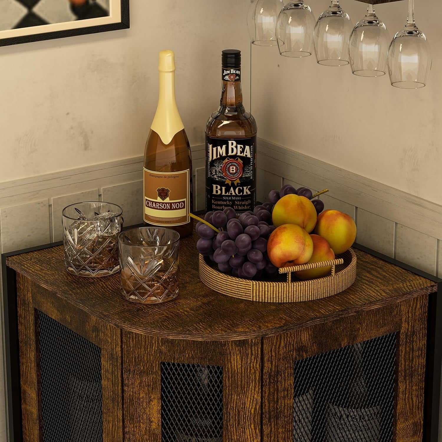 Industrial Corner Wine Cabinet with Storage Shelves, 3-Tier Bar Unit, Rustic