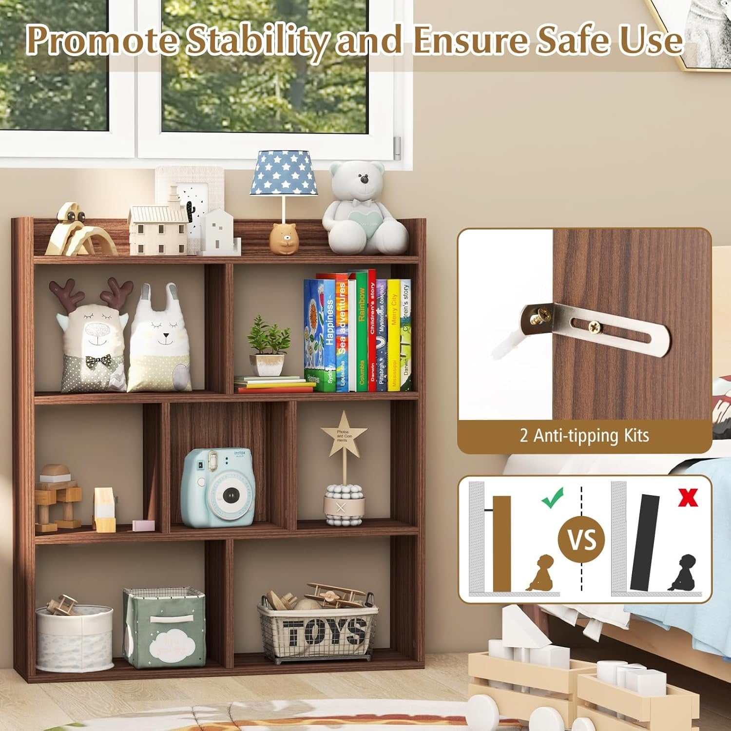 Walnut 7-Cube Bookcase Freestanding Storage Display Shelf with Anti-Topple Kit