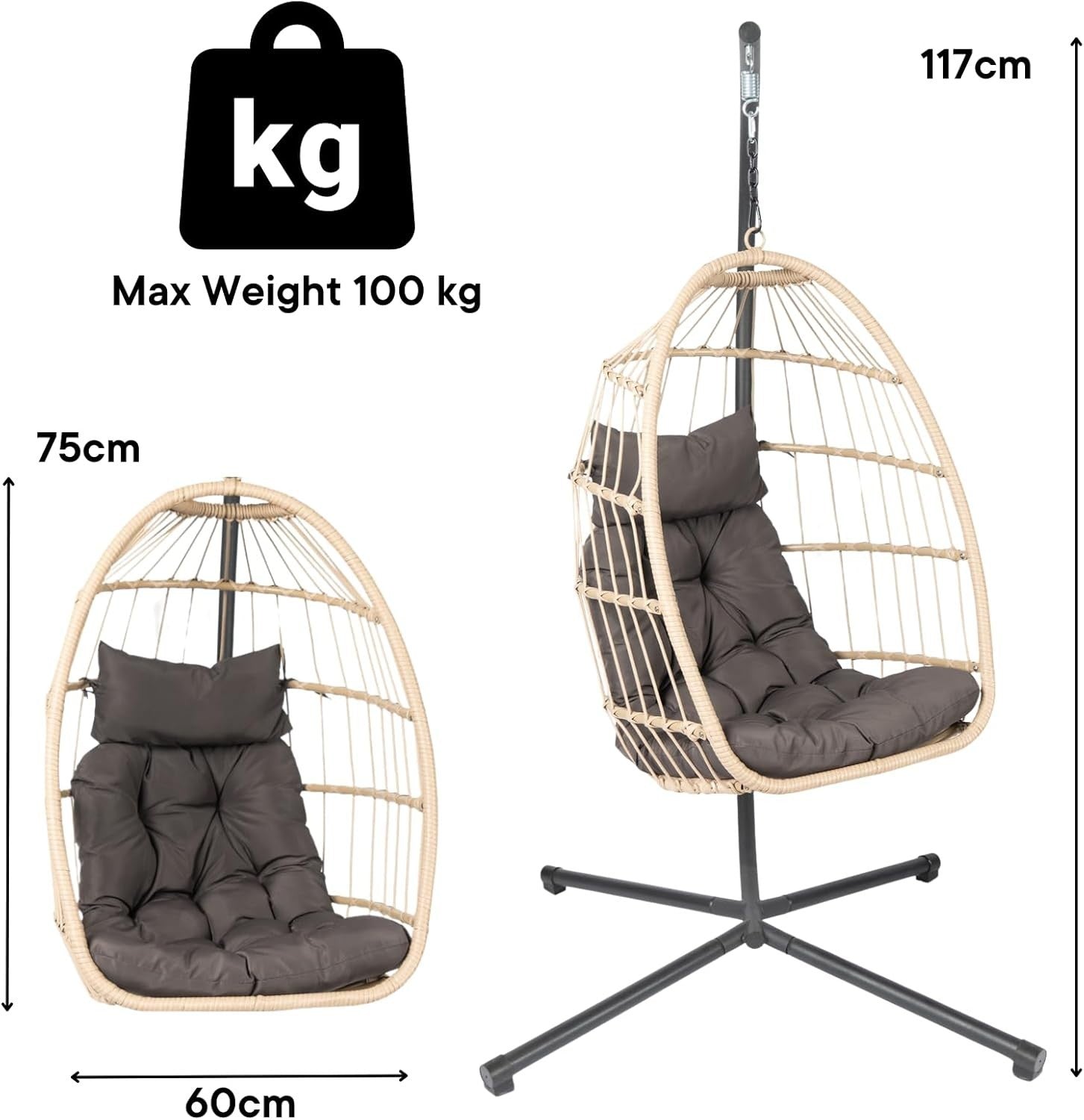 Rattan Hanging Egg Chair with Stand | Outdoor Swing Seat with Cushion