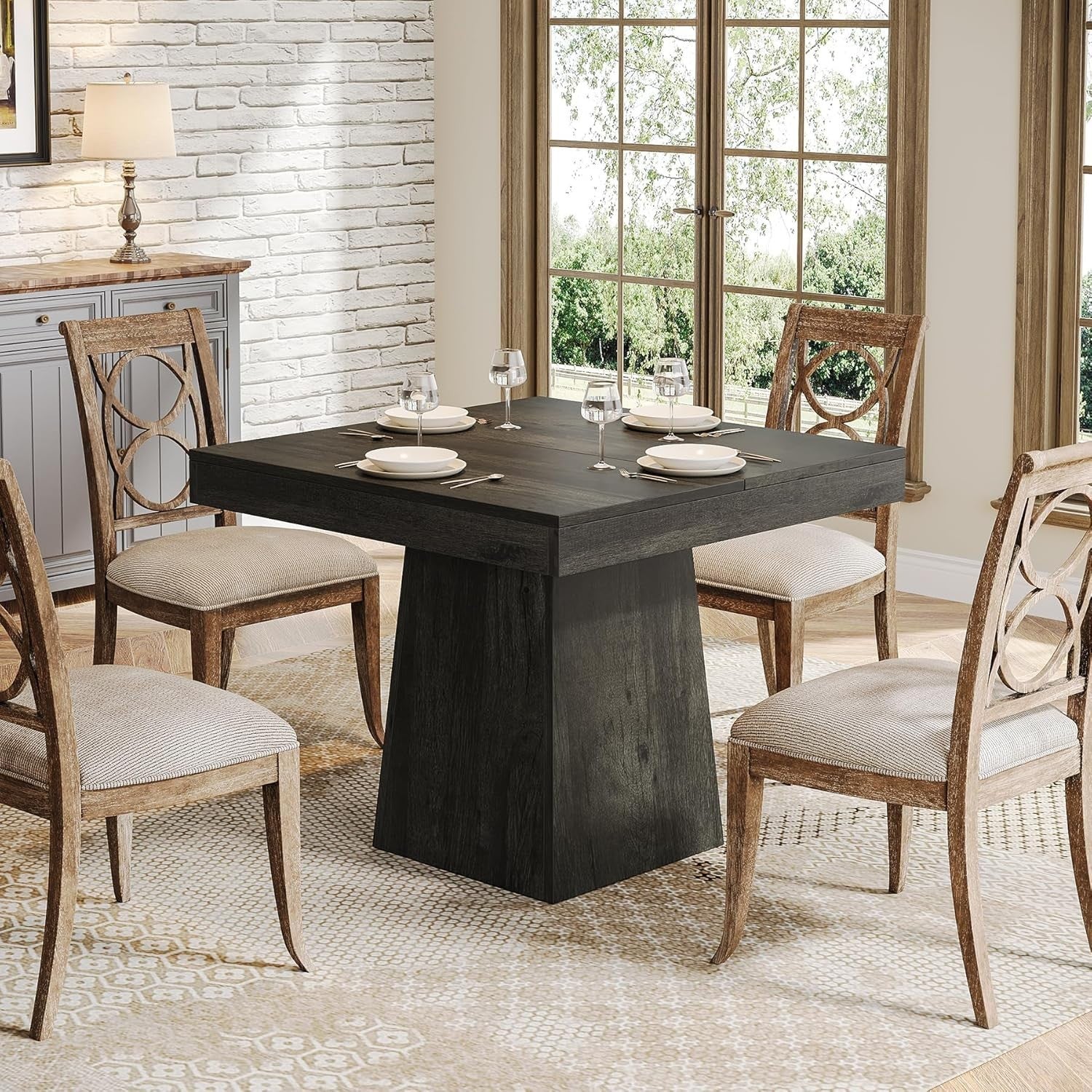 31.5" Square Dining Table Gray Pedestal Base for Kitchen & Small Spaces