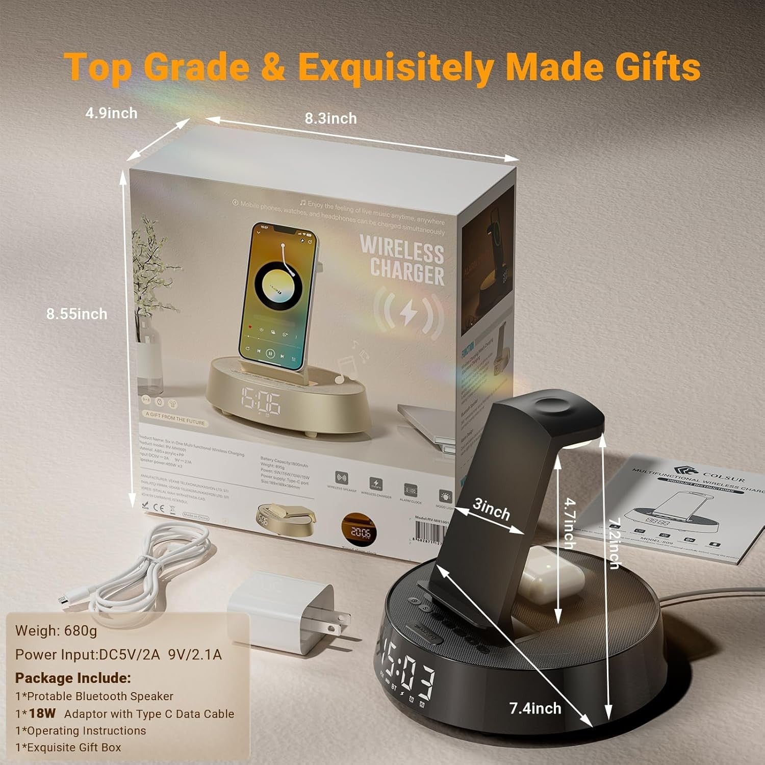 Wireless Charger Alarm Clock Bluetooth Speaker Night Light Fast Charge