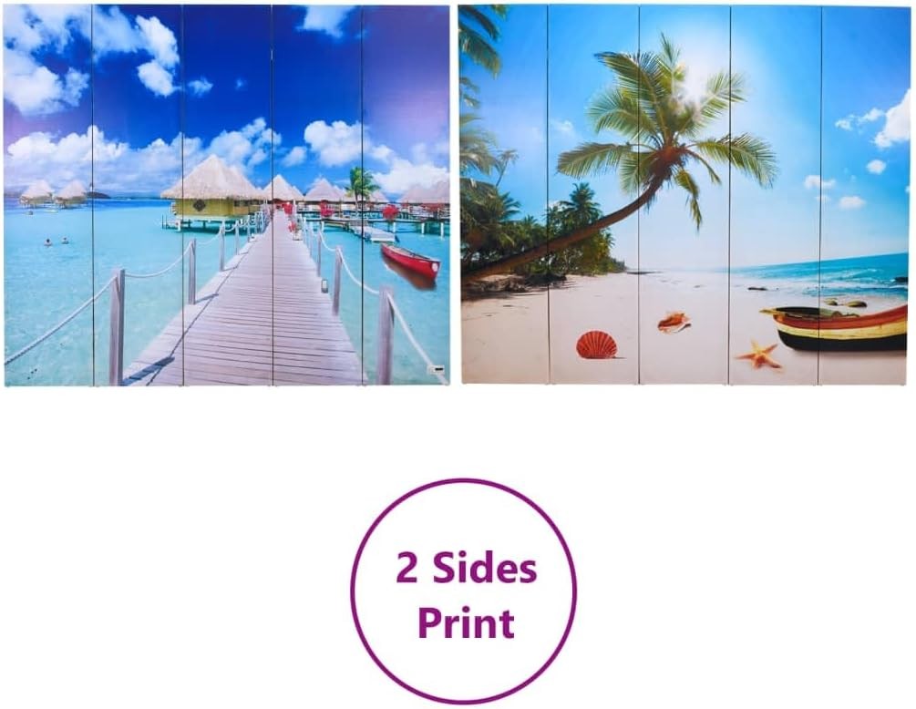 Beach Print Folding Room Divider 200x170cm Double-Sided Privacy Screen