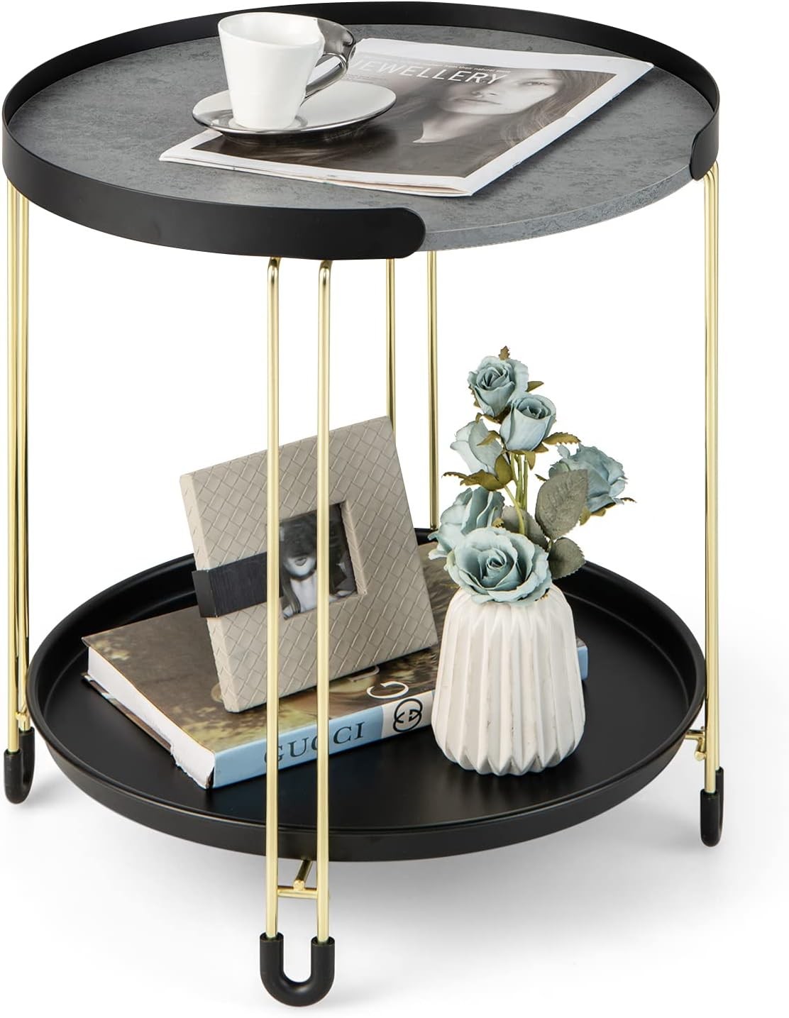 Round Marble Side Table Black Gold | 2-Tier Sofa End Table with Tray & Wheels