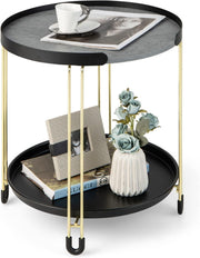 Round Marble Side Table Black Gold | 2-Tier Sofa End Table with Tray & Wheels