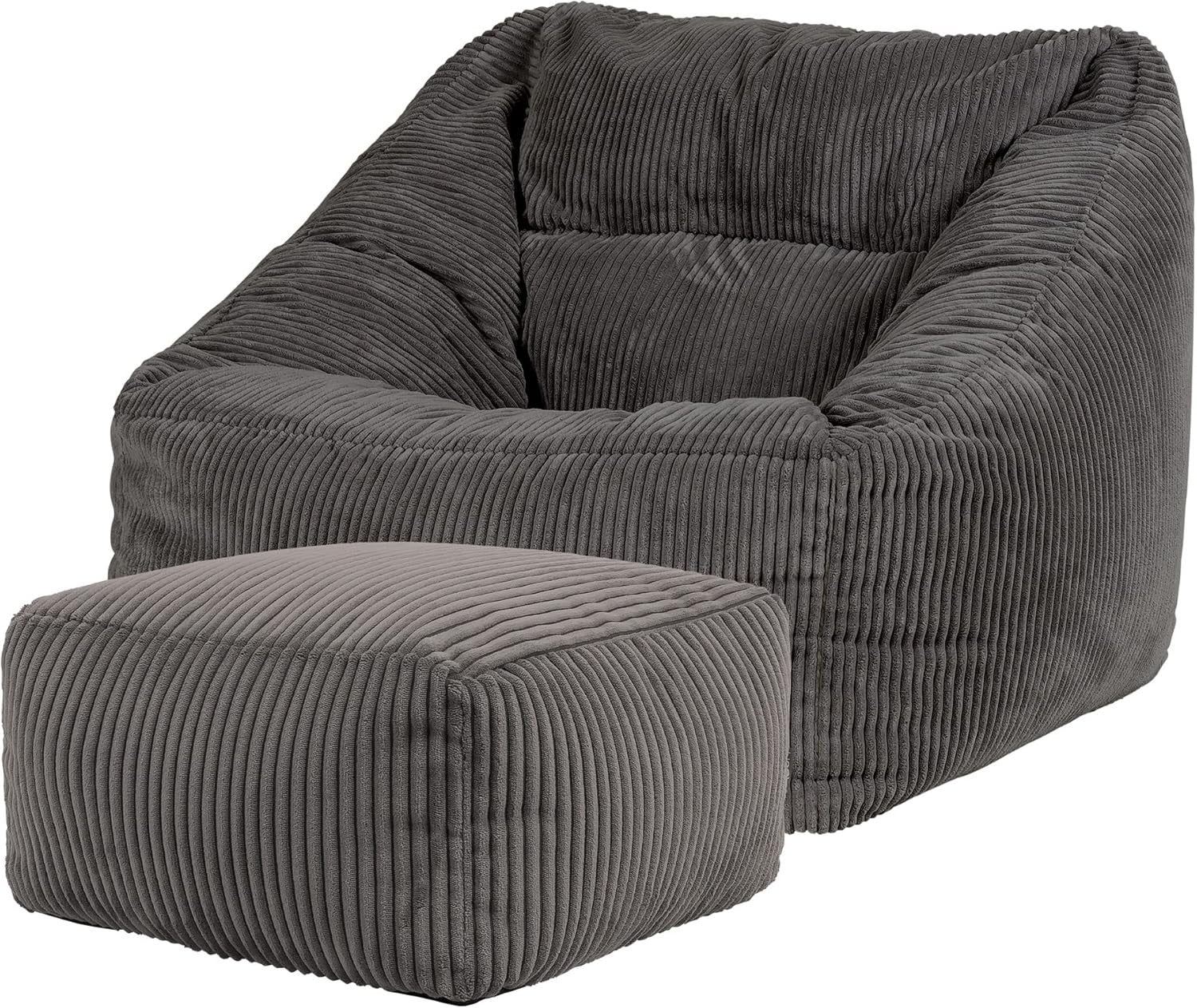 Adult Cord Bean Bag Chair with Footstool Grey Lounge Sofa Seat Filled