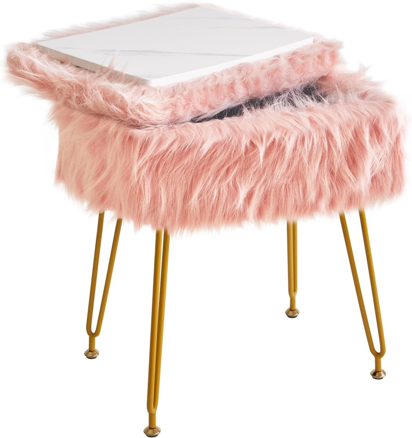Pink Rectangular Faux Fur Vanity Stool with Storage and Gold Metal Legs