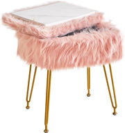 Pink Rectangular Faux Fur Vanity Stool with Storage and Gold Metal Legs