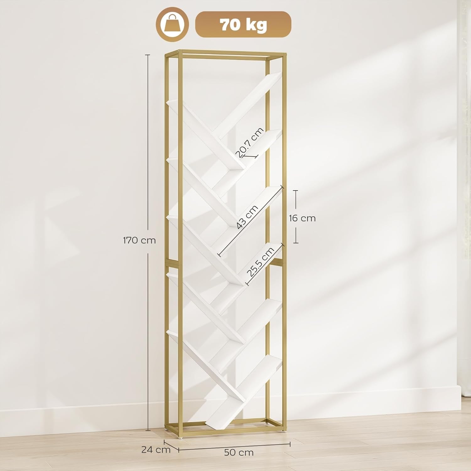 10-Tier Tree Bookshelf Modern White & Gold Tall Display Storage Unit for Home