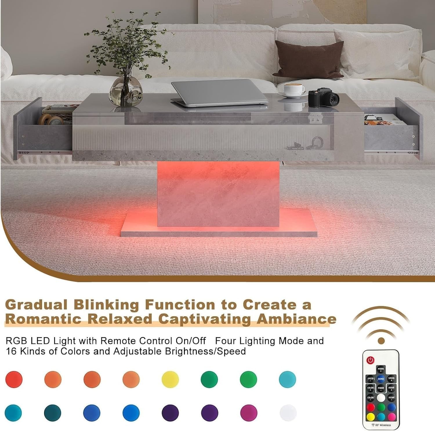 Grey Marble LED Coffee Table with 2 Drawers, High Gloss 110x55cm