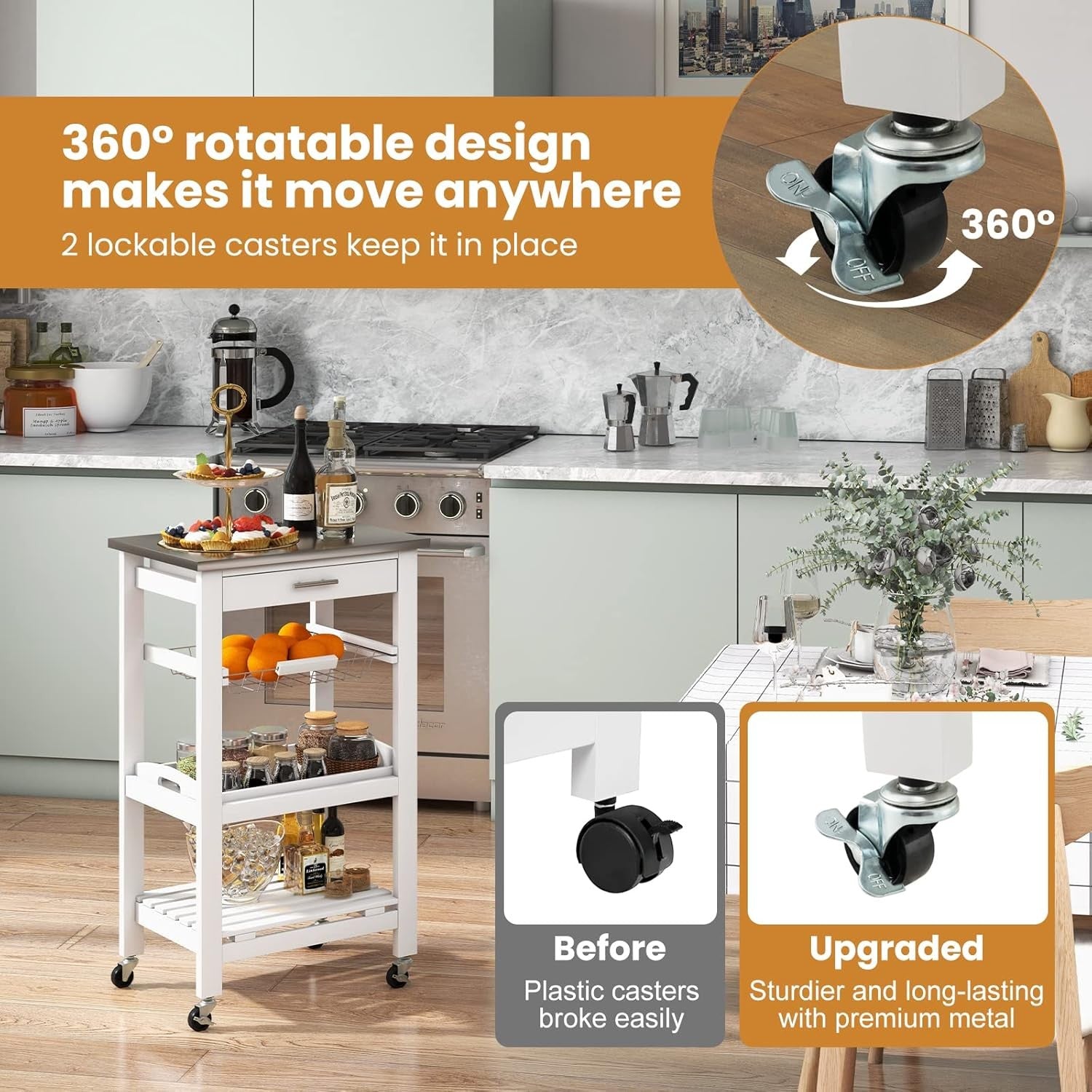 Kitchen Trolley on Wheels Storage Cart Stainless Steel Top Drawer