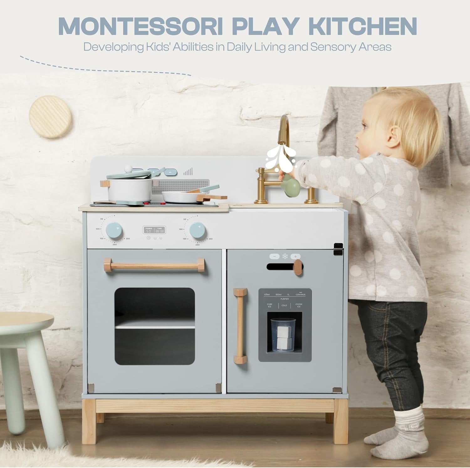 Montessori Wooden Kids Play Kitchen w/ Lights Sounds Ice Blue