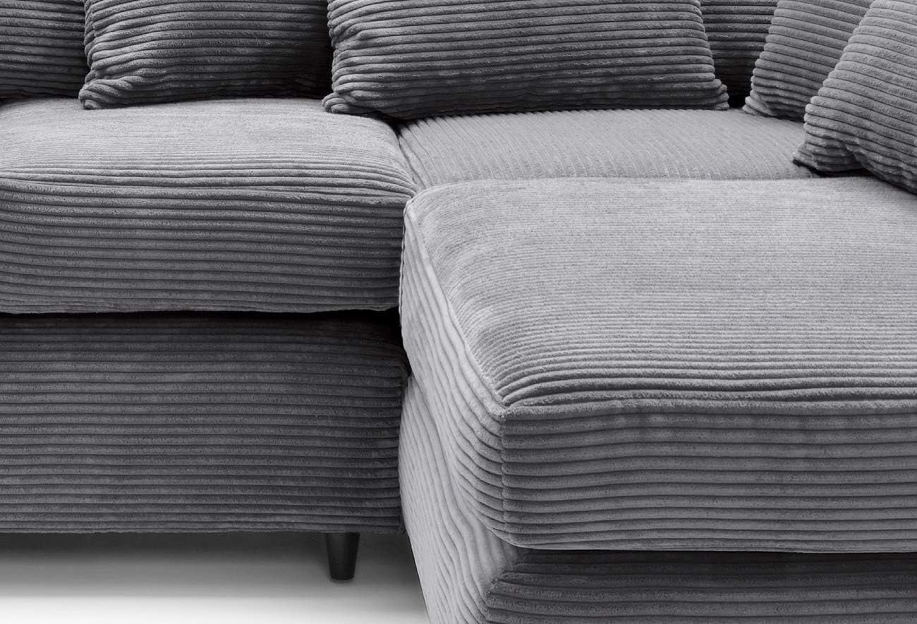 Grey Jumbo Cord Right Hand L Shaped Sofa | Deep Cushions | Durable Frame