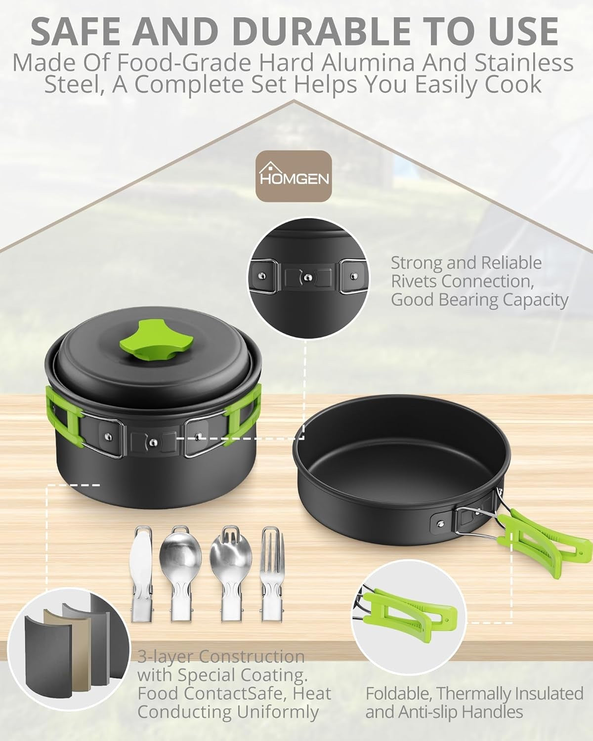 Green Camping Cookware Set with Pot Frying Pan Kettle & Utensils for 1-2 People