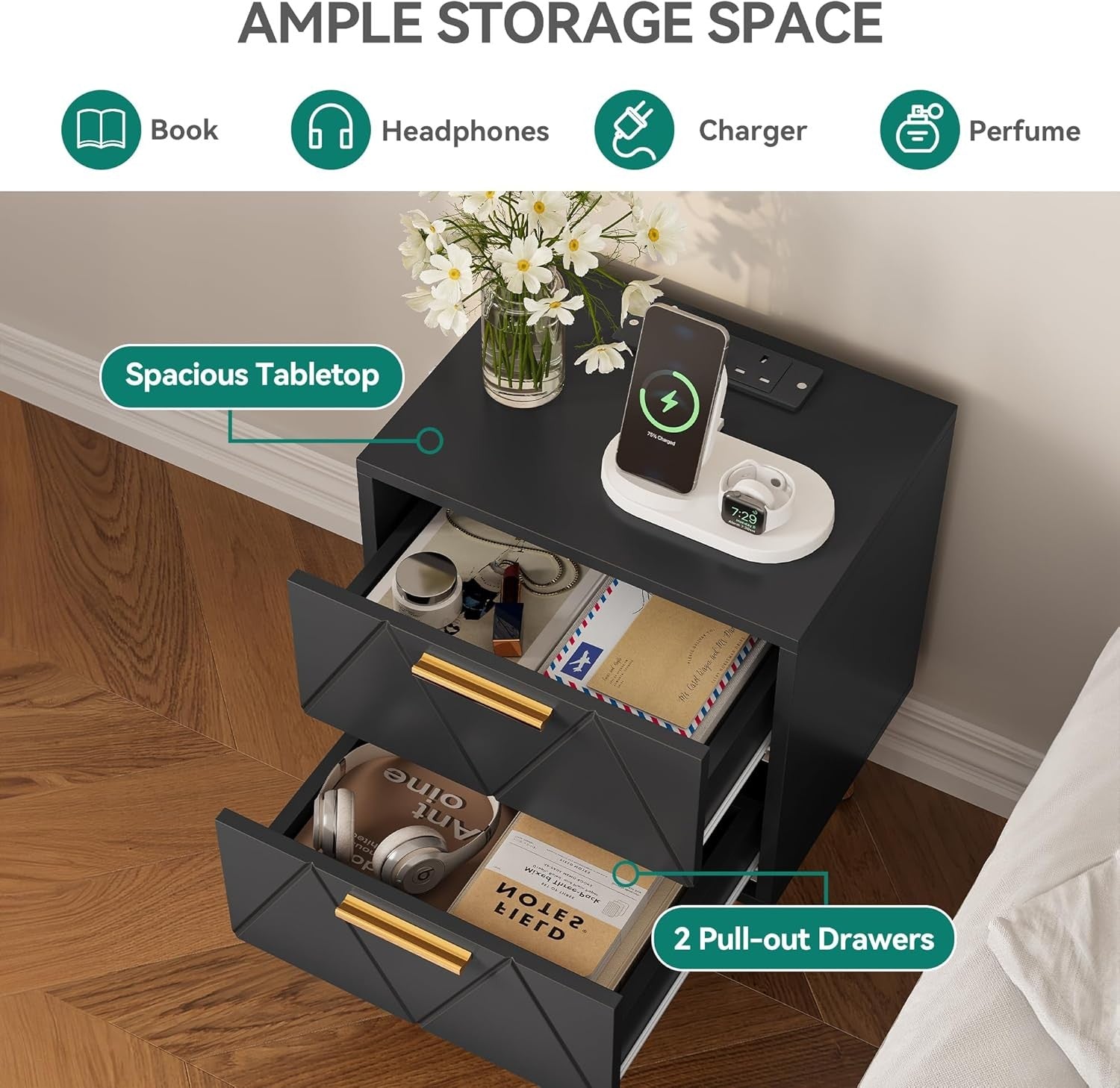 Black Bedside Table with Gold Legs & Charging Station | Modern 2-Drawer 40×52cm