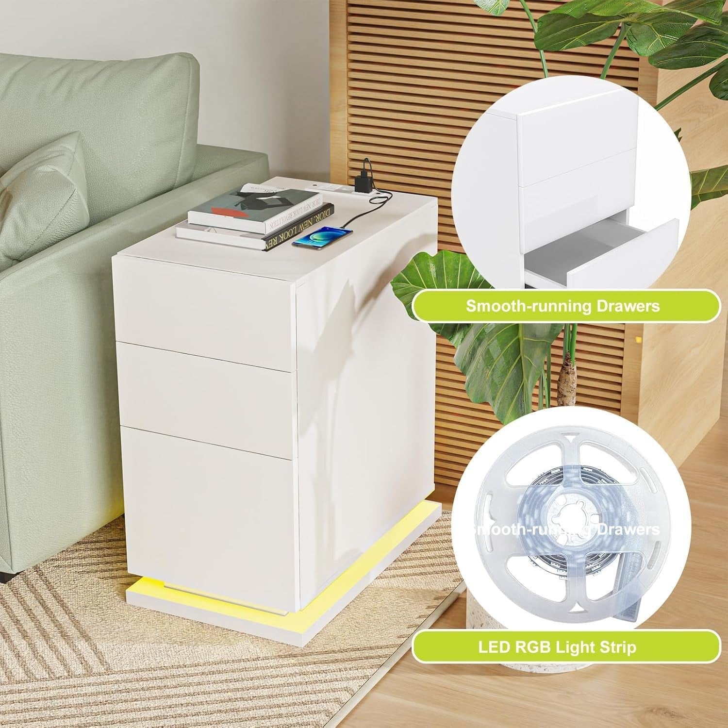 Modern LED Bedside Table with USB Charging, 3 Drawers, High Gloss Finish