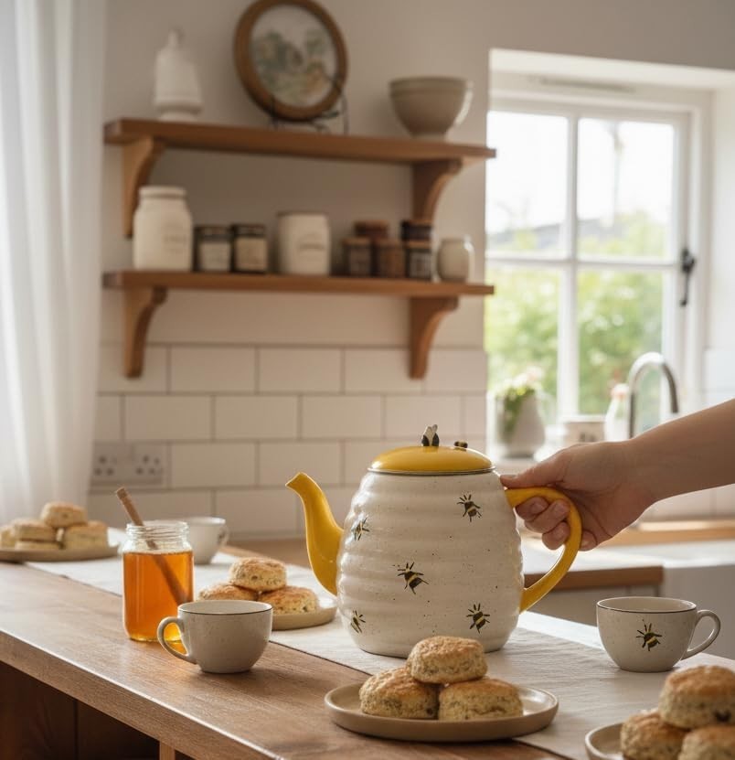 Ceramic Beehive Teapot Yellow White Farmhouse Tea Pot Kitchen Decor