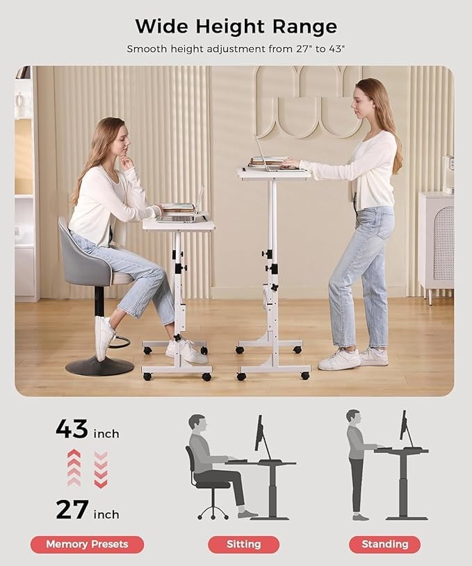 Adjustable Standing Desk Mobile Laptop Desk with Wheels 80x40cm White